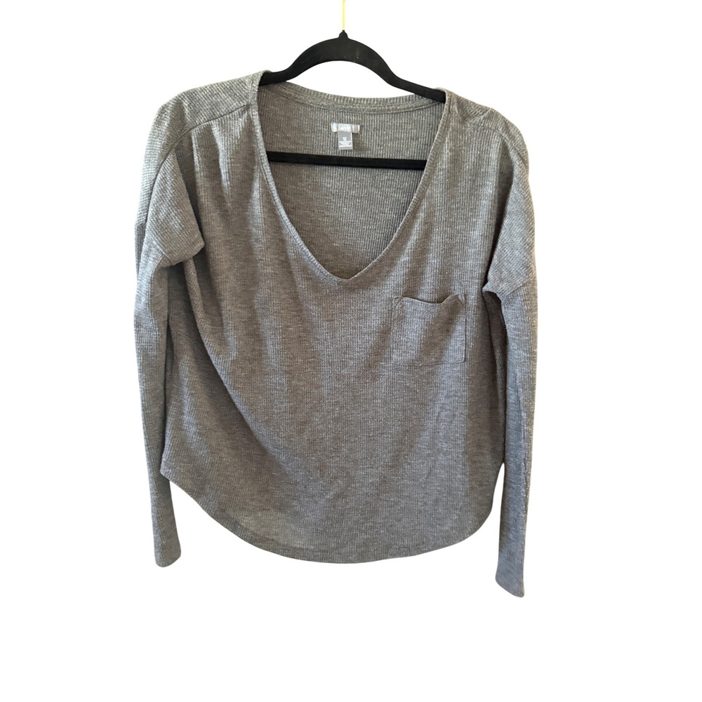 Aerie Gray Waffle Knit Thermal Long Sleeve V-Neck Pocket Top XS Relaxed Fit